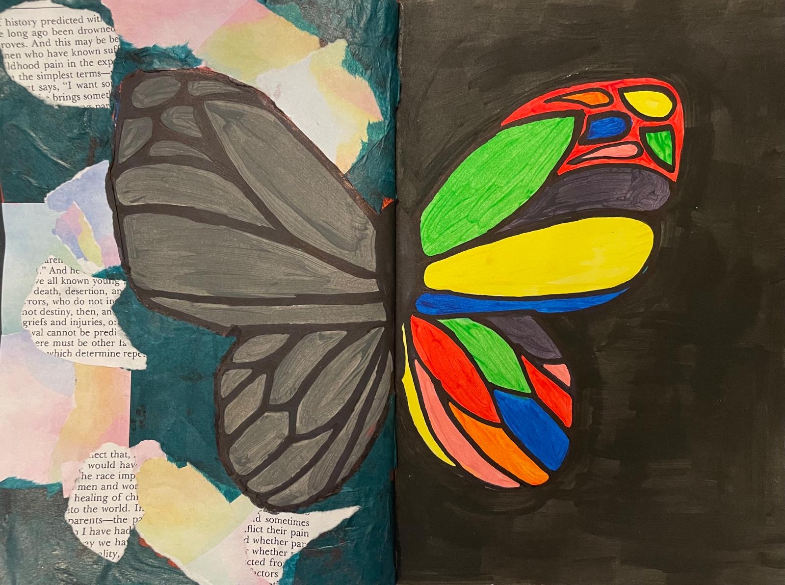 A butterfly artwork with one grey wing and one colourful wing against a collage and dark painted background.
